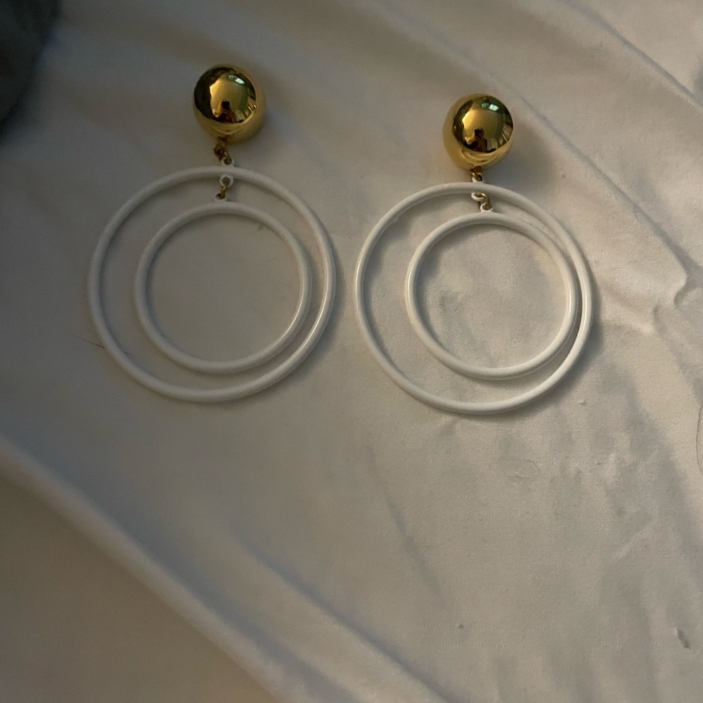 Vintage 90s Gold tone and White double Hoop Earrings